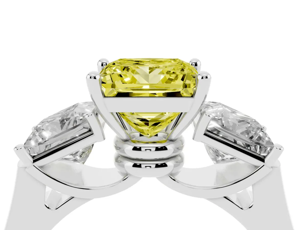 Fancy Yellow Three-Stone Princess Cut Brilliant Diamond Trellis Ring with Comfort Fit Band White gold