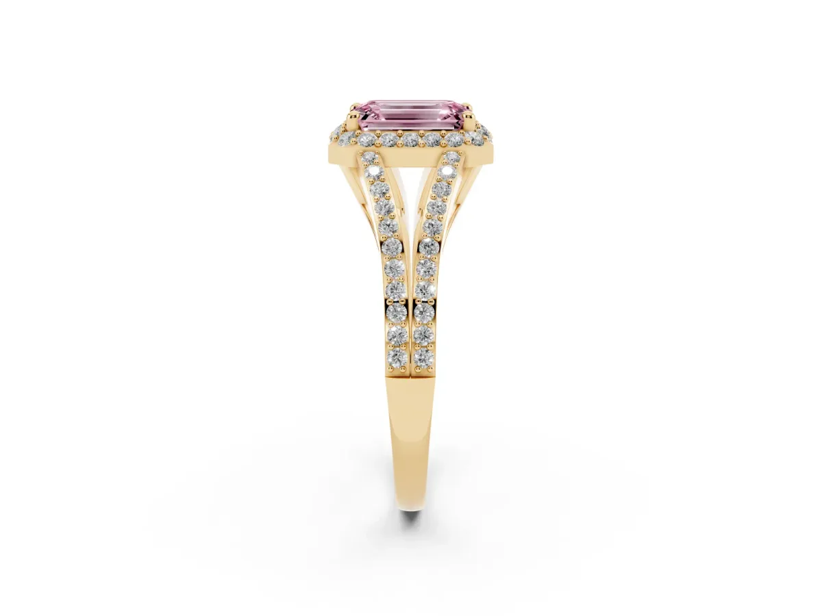 Fancy Pink Emerald Cut Halo Split Shank Diamond Ring with Prong Setting Yellow gold