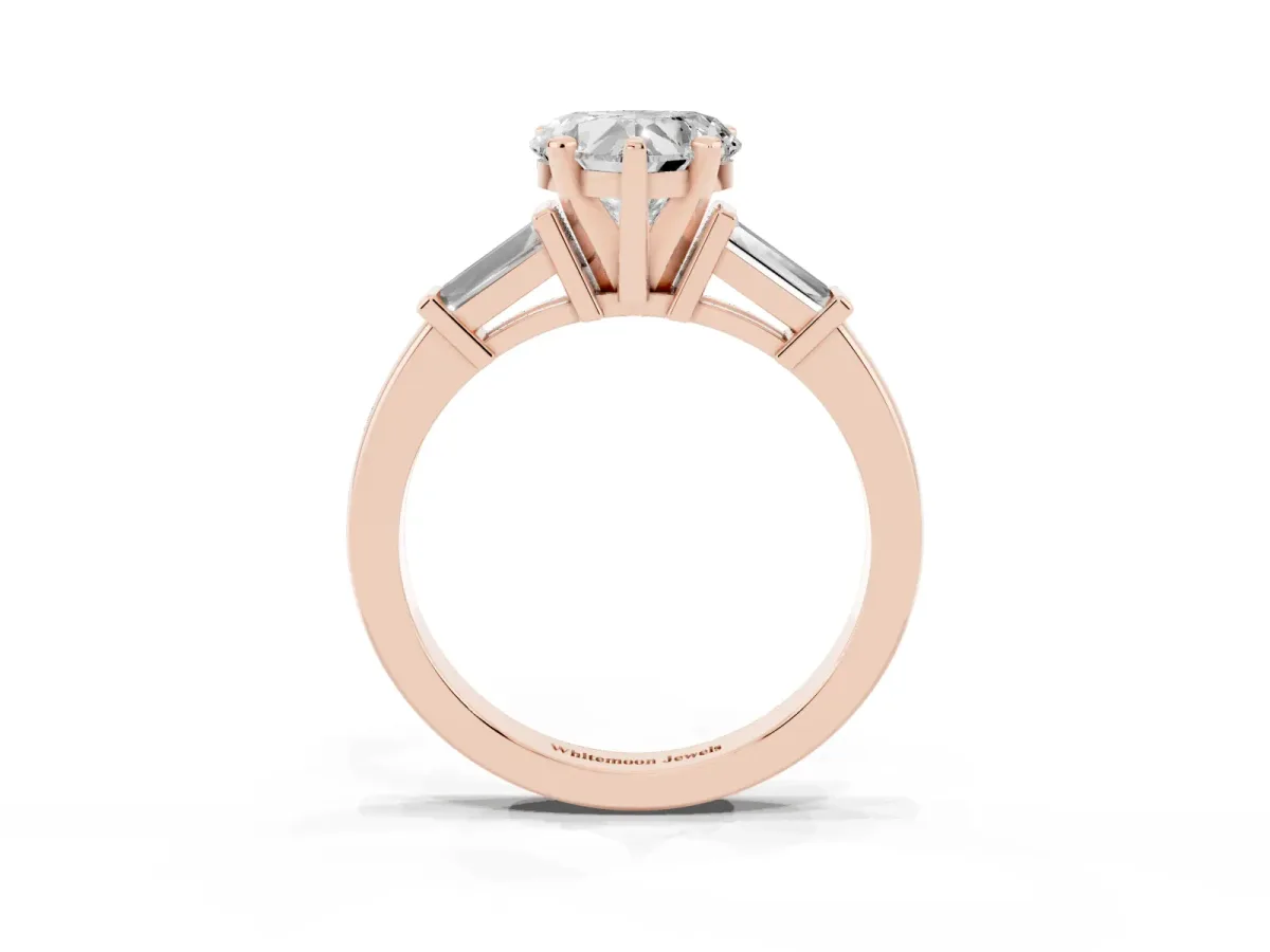 Heart Cut Cut Diamond Solitaire Ring with Tapered Baguette Accents and Four-Prong Setting Rose gold