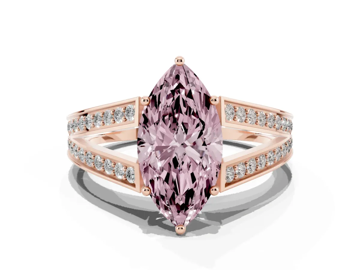 Fancy Pink Marquise Cut Diamond Split Shank Ring with Pavé Band and Four-Prong Setting Rose gold