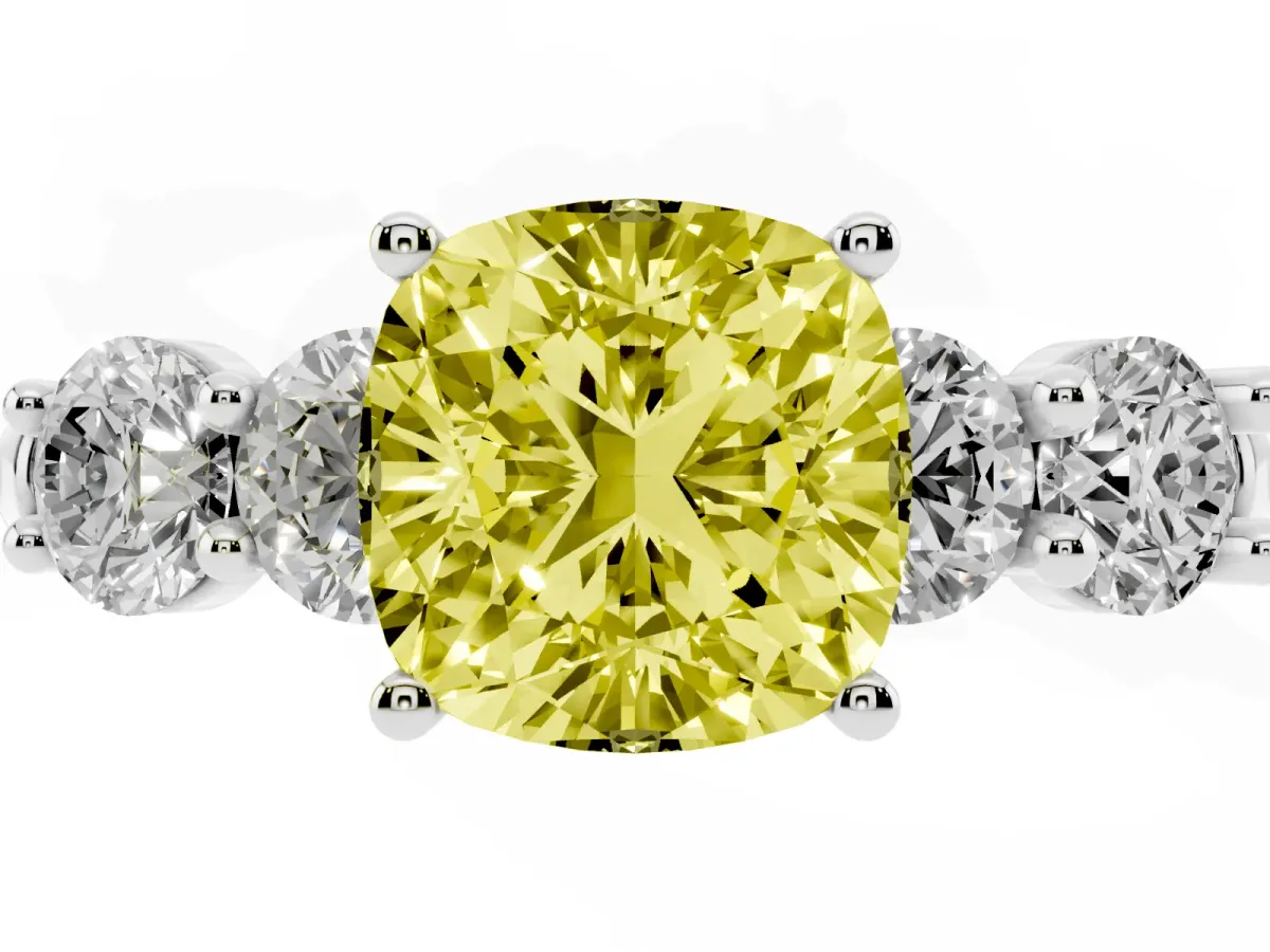 Fancy Yellow Cushion Cut Cut Five-Stone Prong Set Diamond Ring with Classic Band Silver