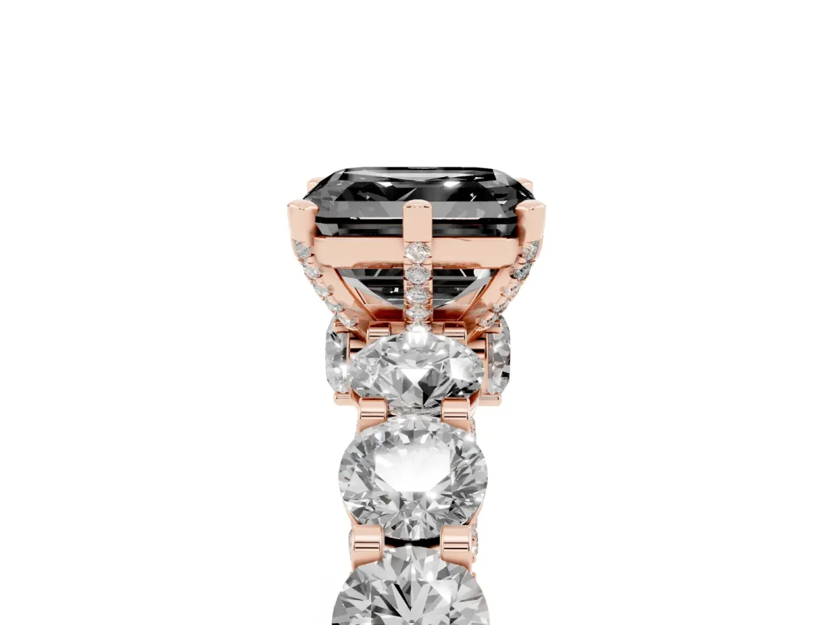 Fancy Black Asscher Cut Diamond Side Stone Engagement Ring with Four-Prong Setting Rose gold