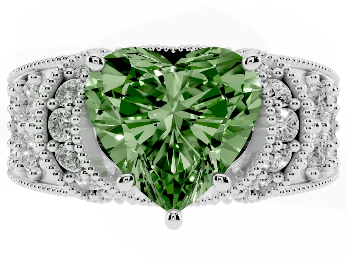 Fancy Green Heart Cut Halo Pave Diamond Engagement Ring with Milgrain Detailing White gold