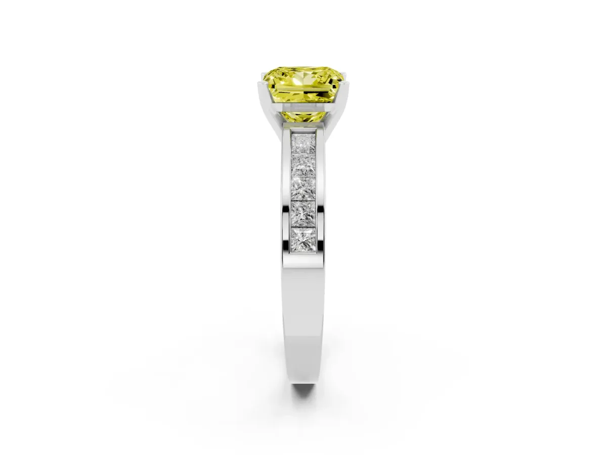 Fancy Yellow Princess Cut Solitaire Diamond Ring with Channel-Set Band and Four-Prong Setting Silver