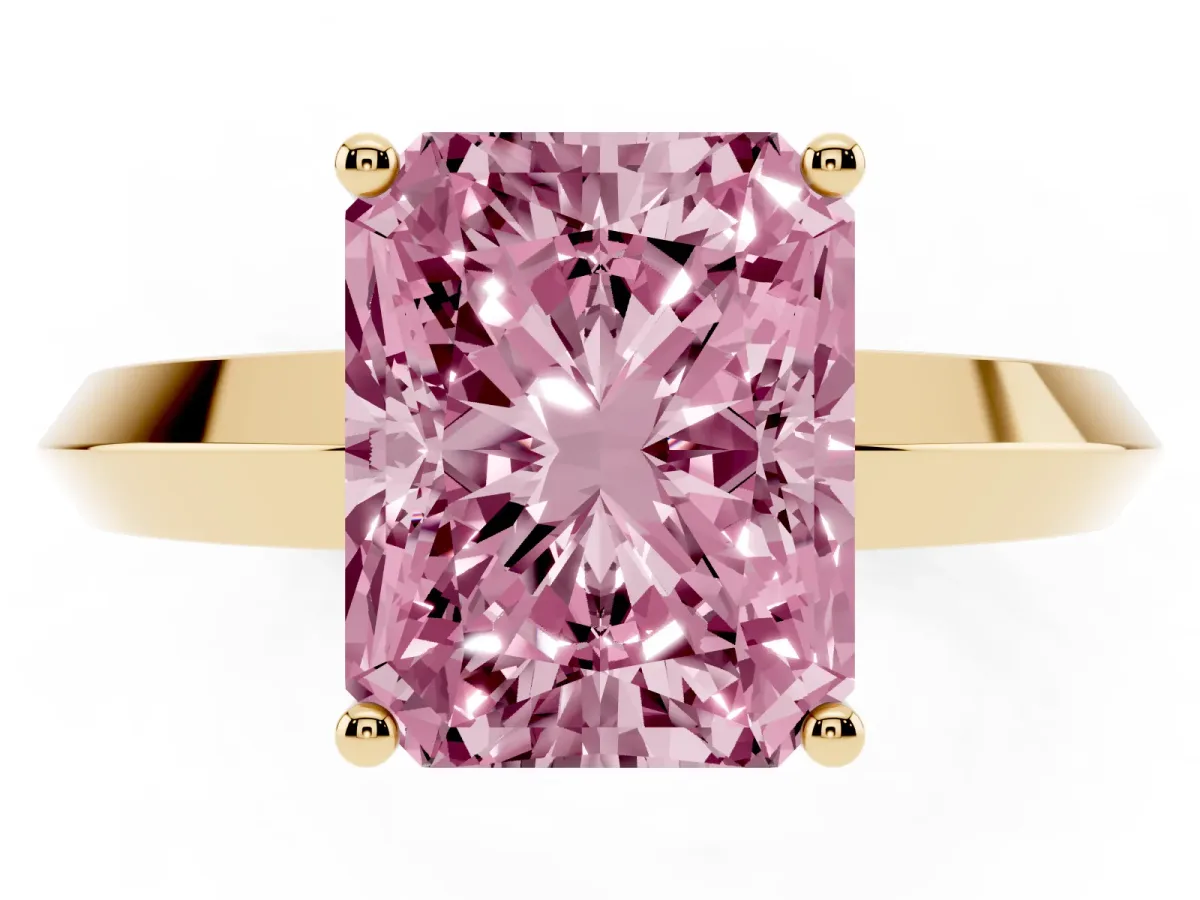 Fancy Pink Radiant Cut Cut Solitaire Engagement Ring with Flat Band and Four-Prong Setting Yellow gold