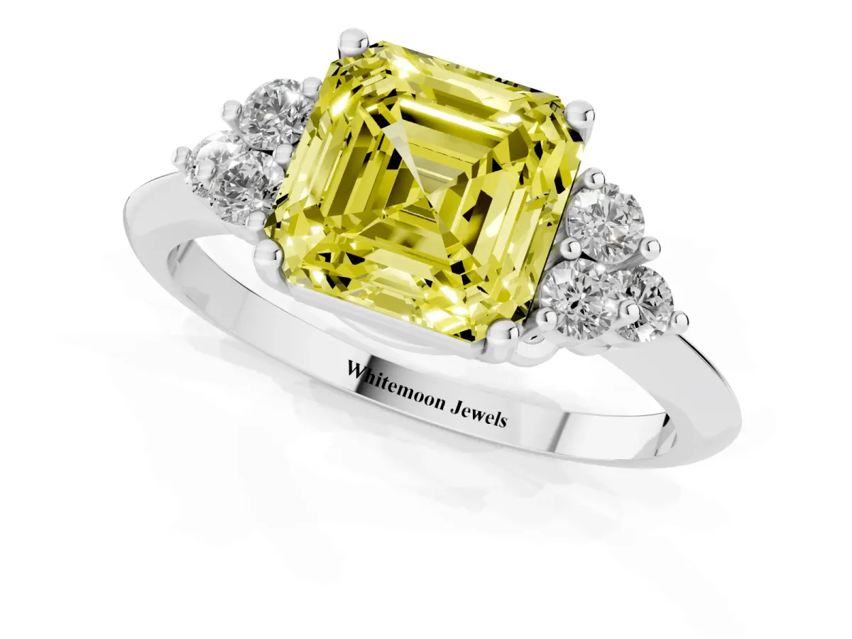 Fancy Yellow Asscher Cut Cut Diamond Cluster Ring with Solitaire Band and Four-Prong Setting Silver