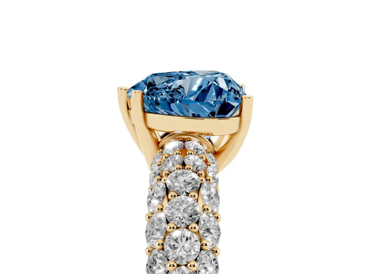 Fancy Blue Heart Cut Diamond Pavé Band Solitaire Ring with Four-Prong Setting Yellow gold