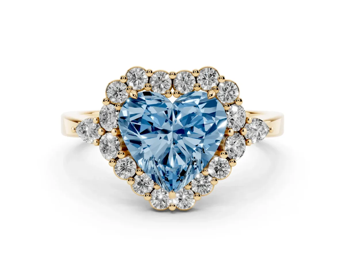 Fancy Blue Heart Cut Diamond Halo Ring with Pear Side Stones and Prong Setting Yellow gold