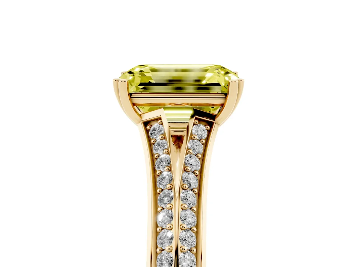 Fancy Yellow Emerald Cut Diamond Split Shank Engagement Ring with Pavé Band Yellow gold