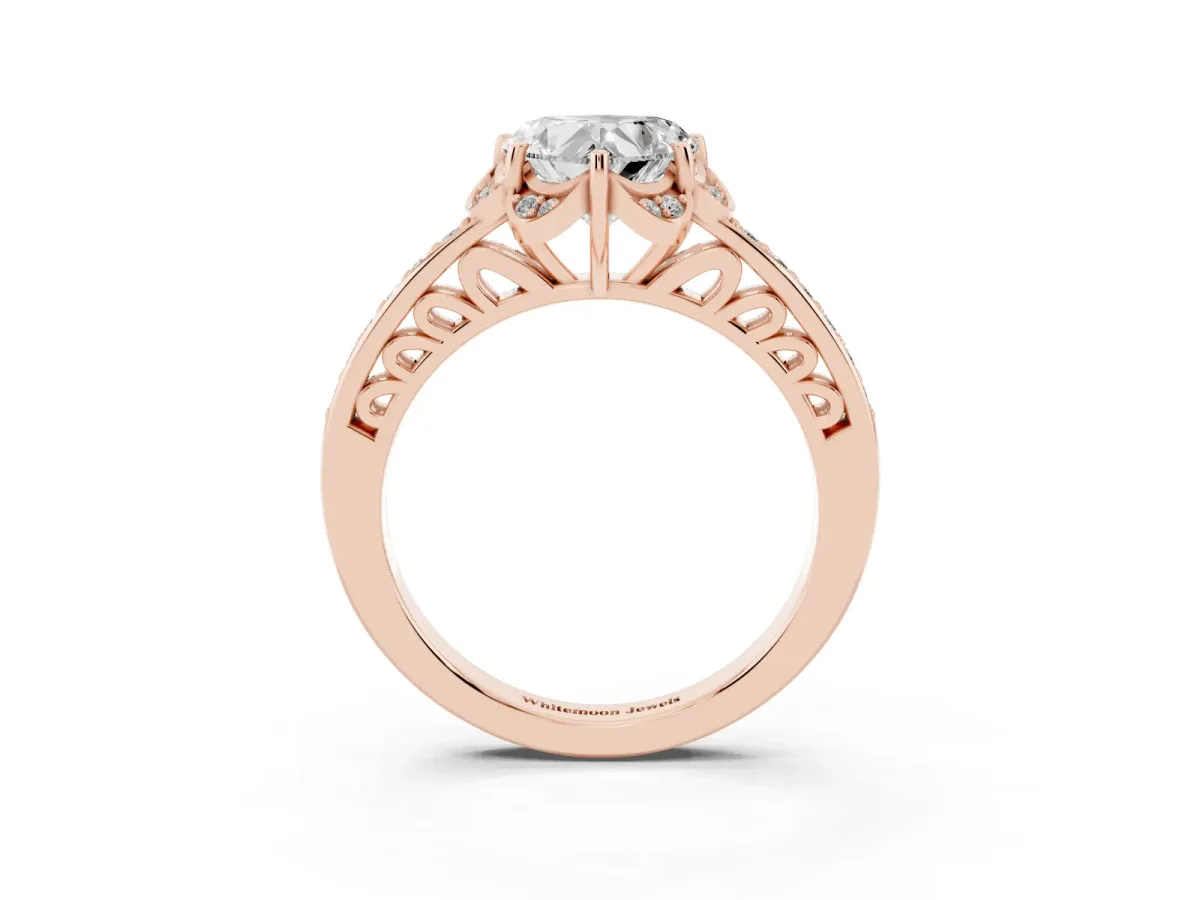 Heart Cut Cut Halo Diamond Ring with Channel Set Band and Four-Prong Setting Rose gold