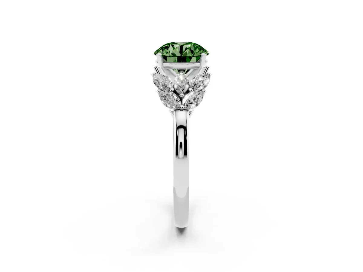 Fancy Green Round Cut Diamond Cluster Leaf Design Ring with Prong Setting Platinum