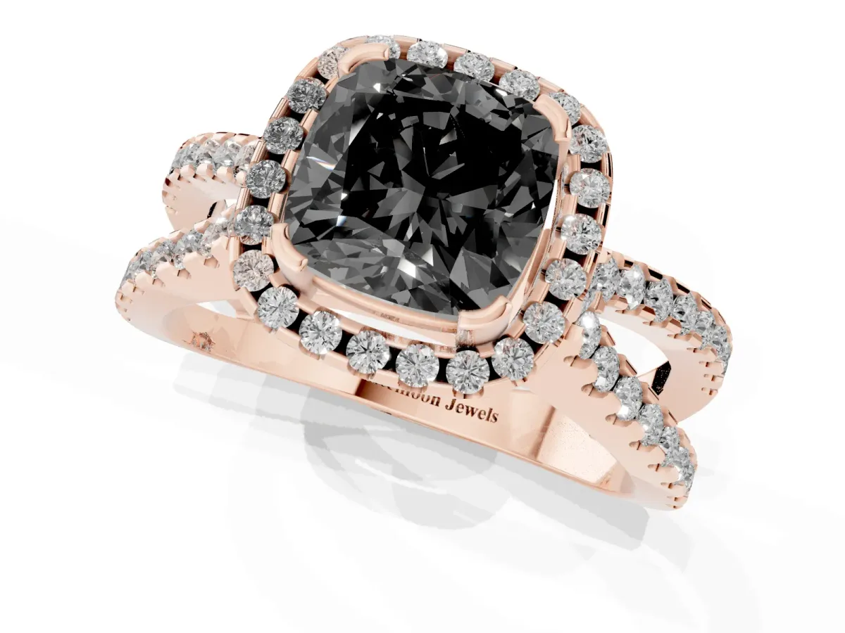 Fancy Black Cushion Cut Diamond Halo Ring with Split Shank Pavé Band and Prong Setting Rose gold