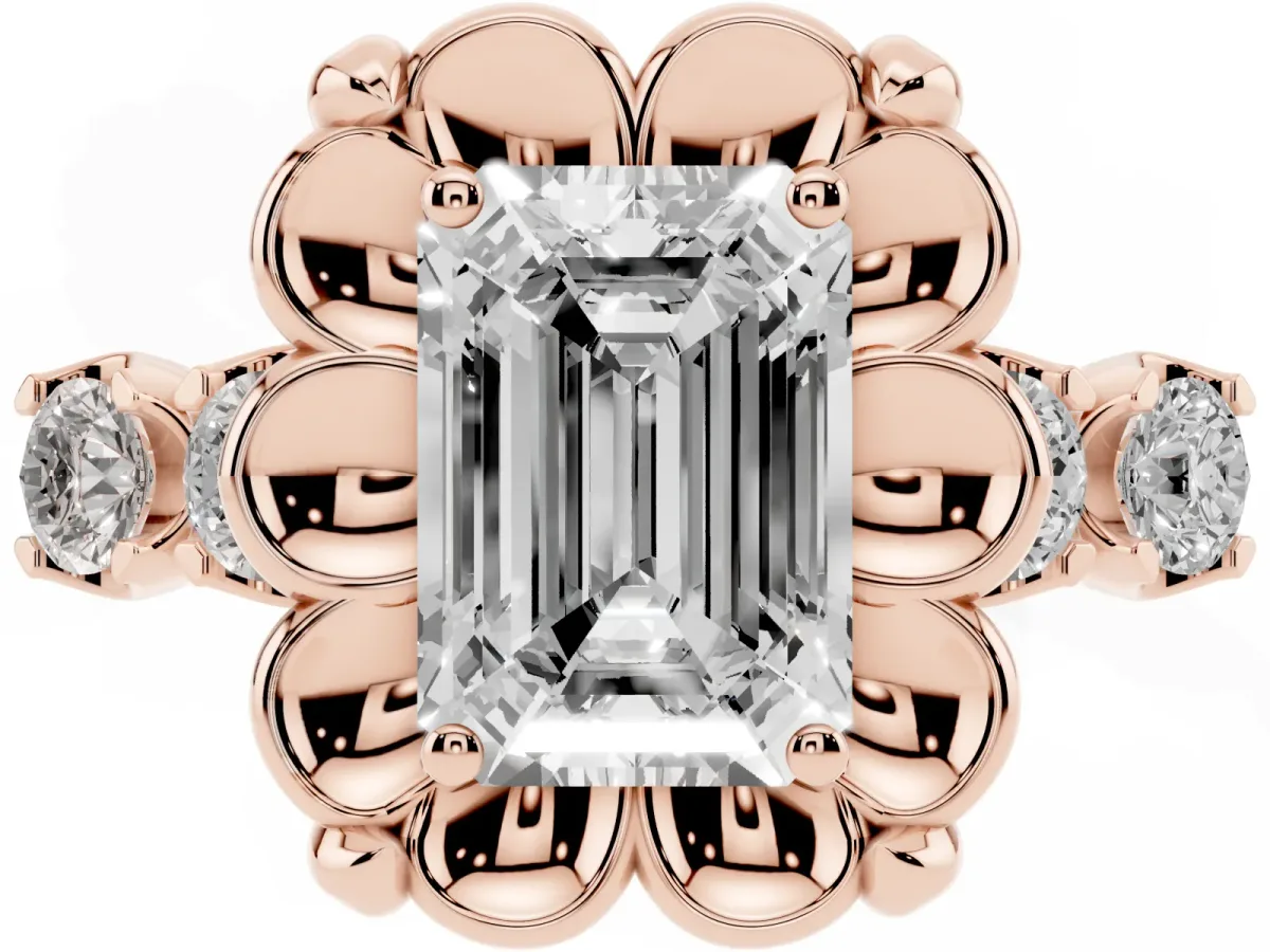 Emerald Cut Cut Diamond Floral Halo Engagement Ring with Shared Prong Setting Rose gold