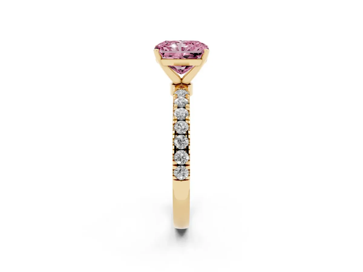 Fancy Pink Radiant Cut Diamond Solitaire Ring with Pavé Accents and Four-Prong Setting Yellow gold