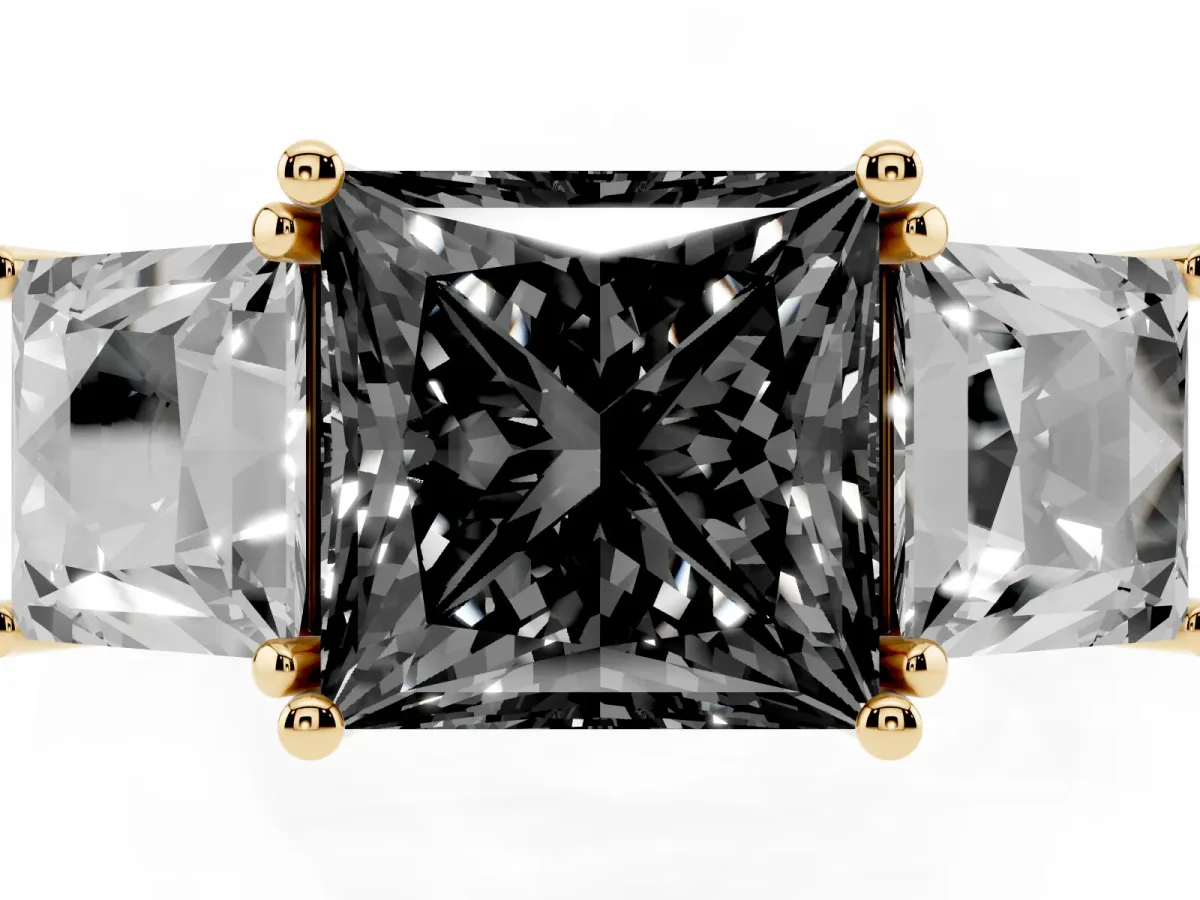 Fancy Black Three-Stone Princess Cut Diamond Pavé Band with Prong Setting Yellow gold