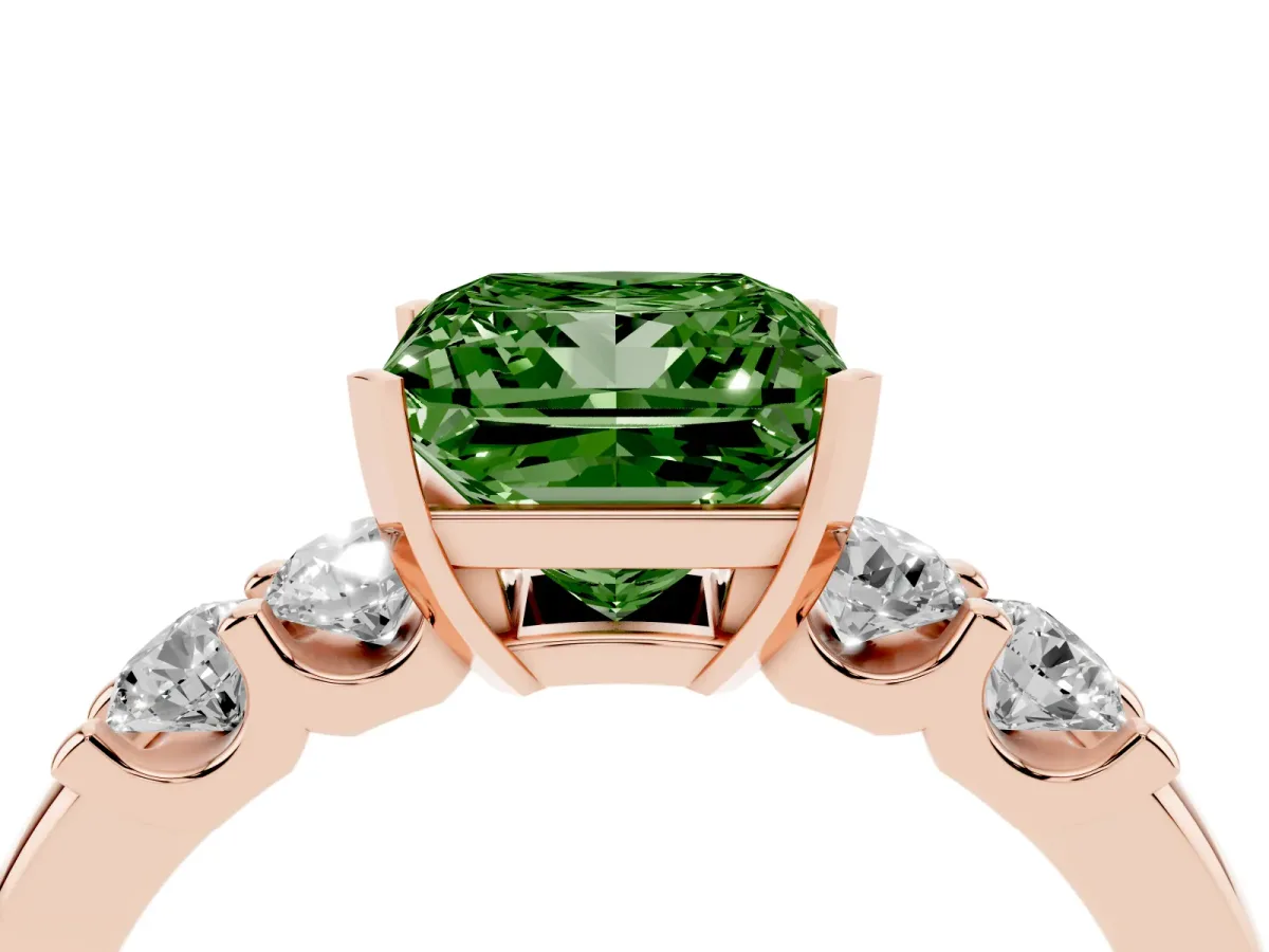 Fancy Green Princess Cut Brilliant Cut Diamond Five-Stone Prong Set Engagement Ring with Channel Band Rose gold