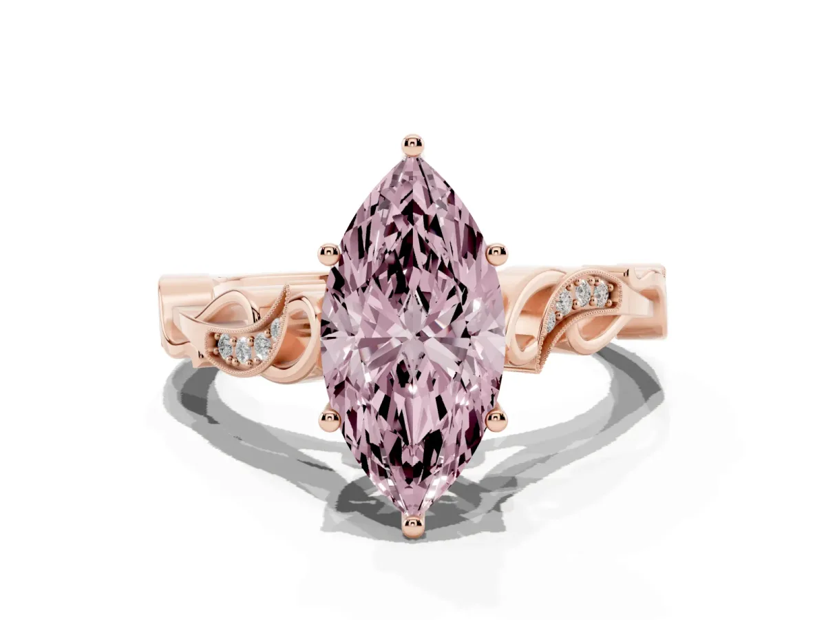 Fancy Pink Marquise Cut Solitaire Vine Band with Milgrain Prong Setting Rose gold