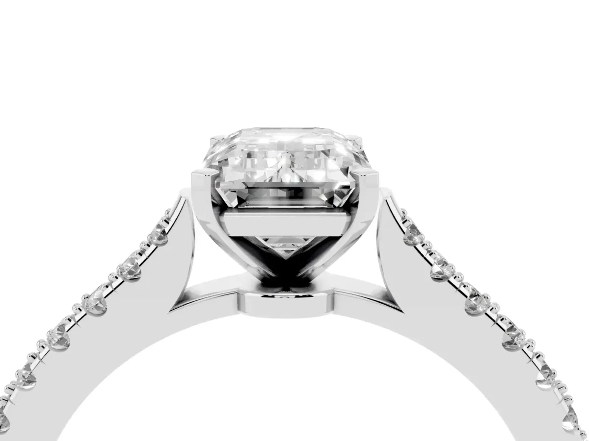Emerald Cut Cut Solitaire Diamond Engagement Ring with Pave Band and Four-Prong Setting White gold
