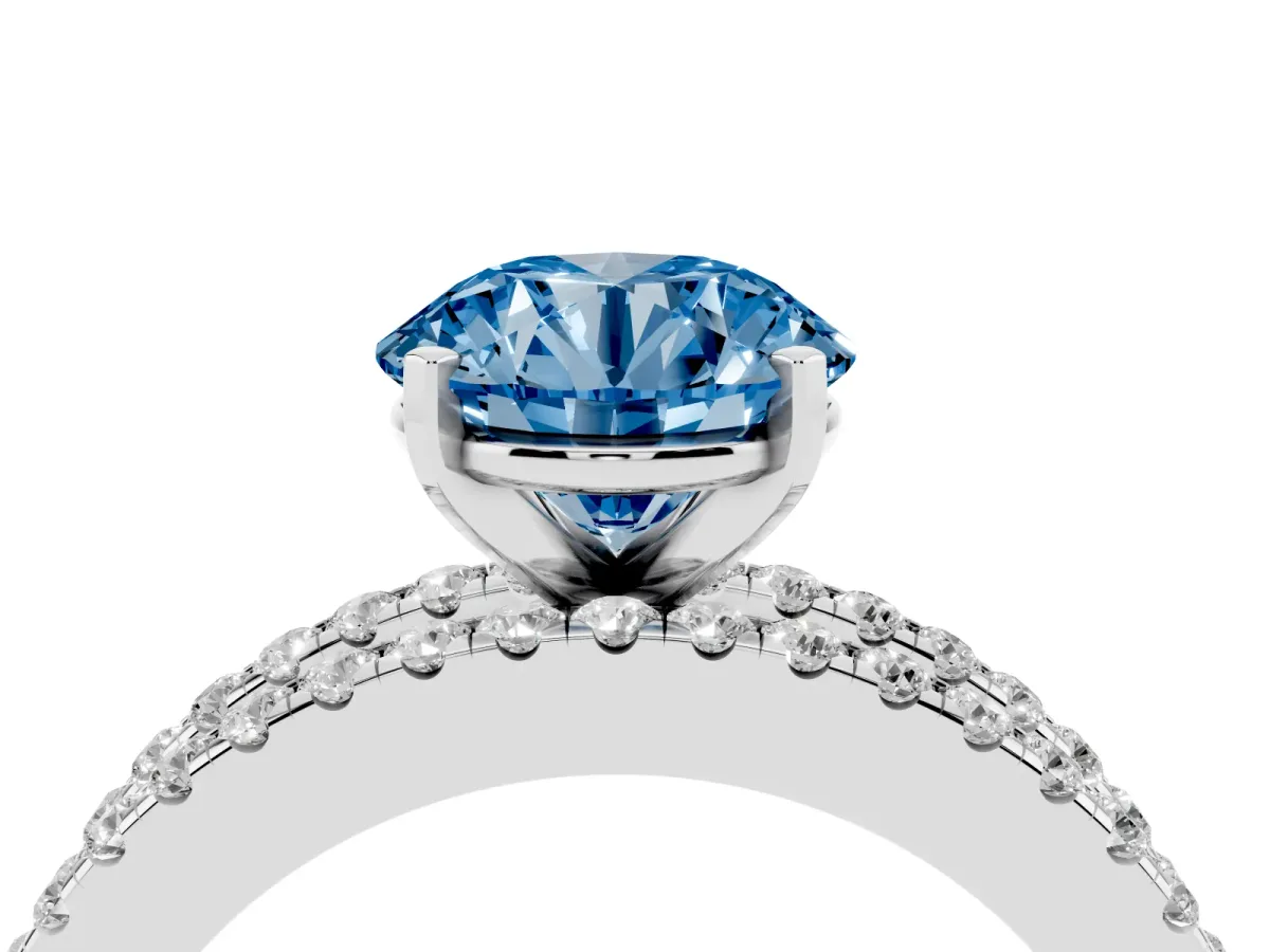 Fancy Blue Round Cut Diamond Solitaire Ring with Pavé and Channel Set Band Platinum