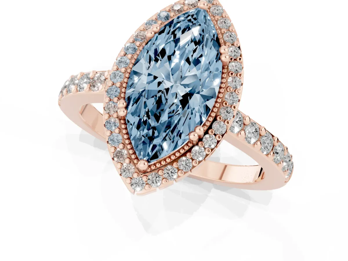 Fancy Blue Marquise Cut Cut Diamond Halo Engagement Ring with Milgrain Detail and Pavé Band Rose gold