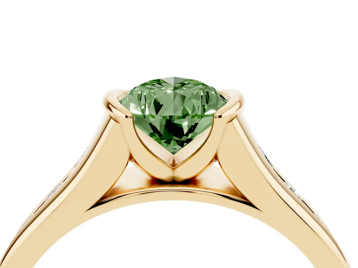 Fancy Green Pear Cut Solitaire Bezel-Set Diamond Ring with Channel-Set Band Yellow gold