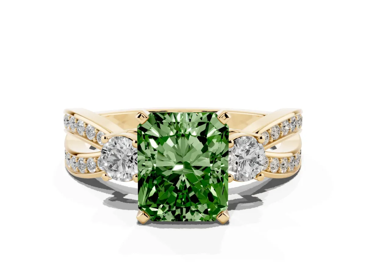 Fancy Green Three-Stone Radiant Cut Cut Diamond Twist Band with Prong Setting Yellow gold