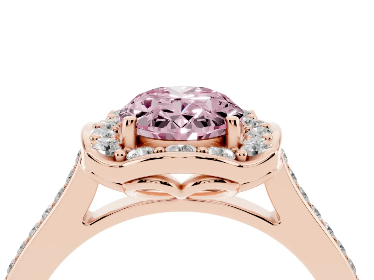 Fancy Pink Oval Cut Halo Round Diamond Pave Band with Four-Prong Setting Rose gold