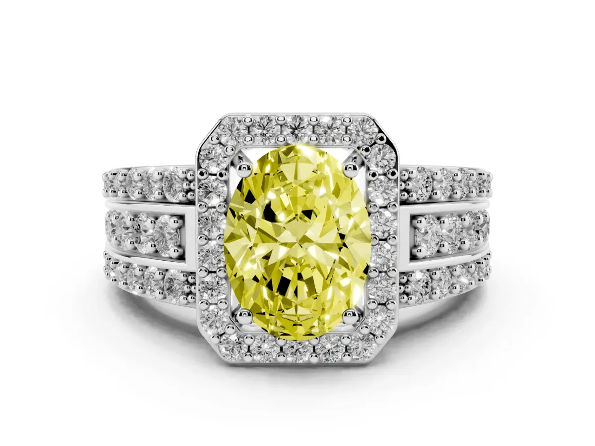 Fancy Yellow Oval Cut Halo Diamond Ring with Round Split Shank and Prong Setting Silver