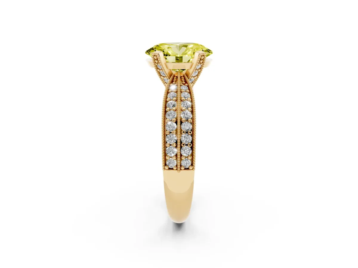 Fancy Yellow Oval Cut Diamond Solitaire Ring with Milgrain Round Pavé Band and Prong Setting Yellow gold