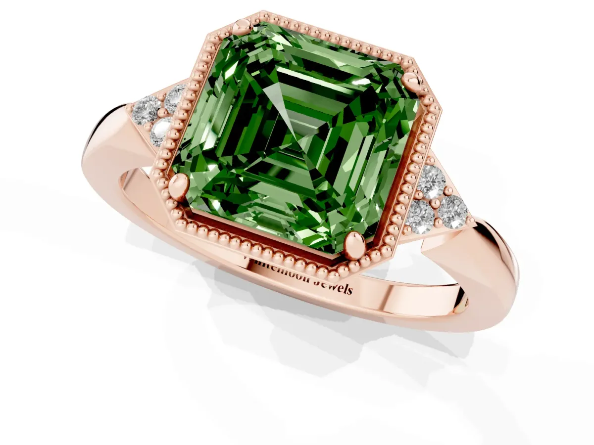 Fancy Green Asscher Cut Diamond Halo Ring with Tapered Band and Four-Prong Setting Rose gold