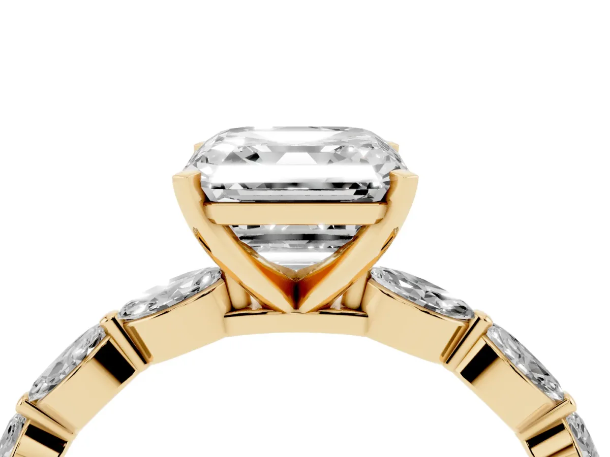 Asscher Cut Diamond Ring with Marquise Side Stones and Prong Setting Yellow gold