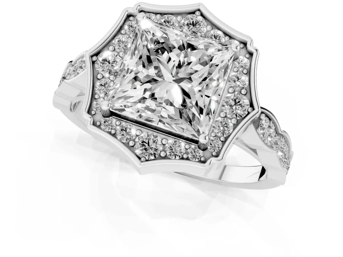 Princess Cut Halo Diamond Engagement Ring with Milgrain Band and Four-Prong Setting Silver