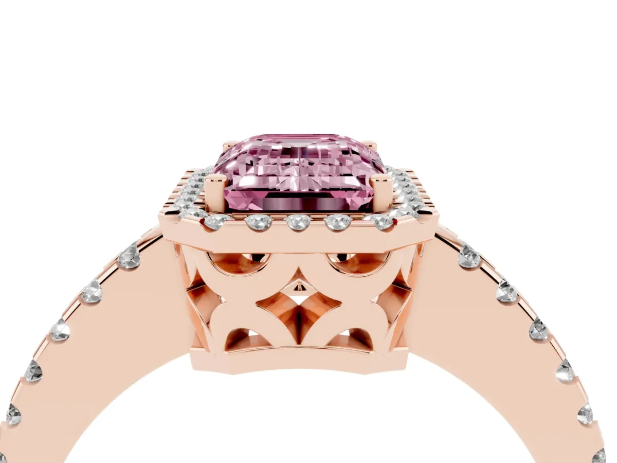 Fancy Pink Emerald Cut Diamond Halo Engagement Ring with Pavé Band and Prong Setting Rose gold