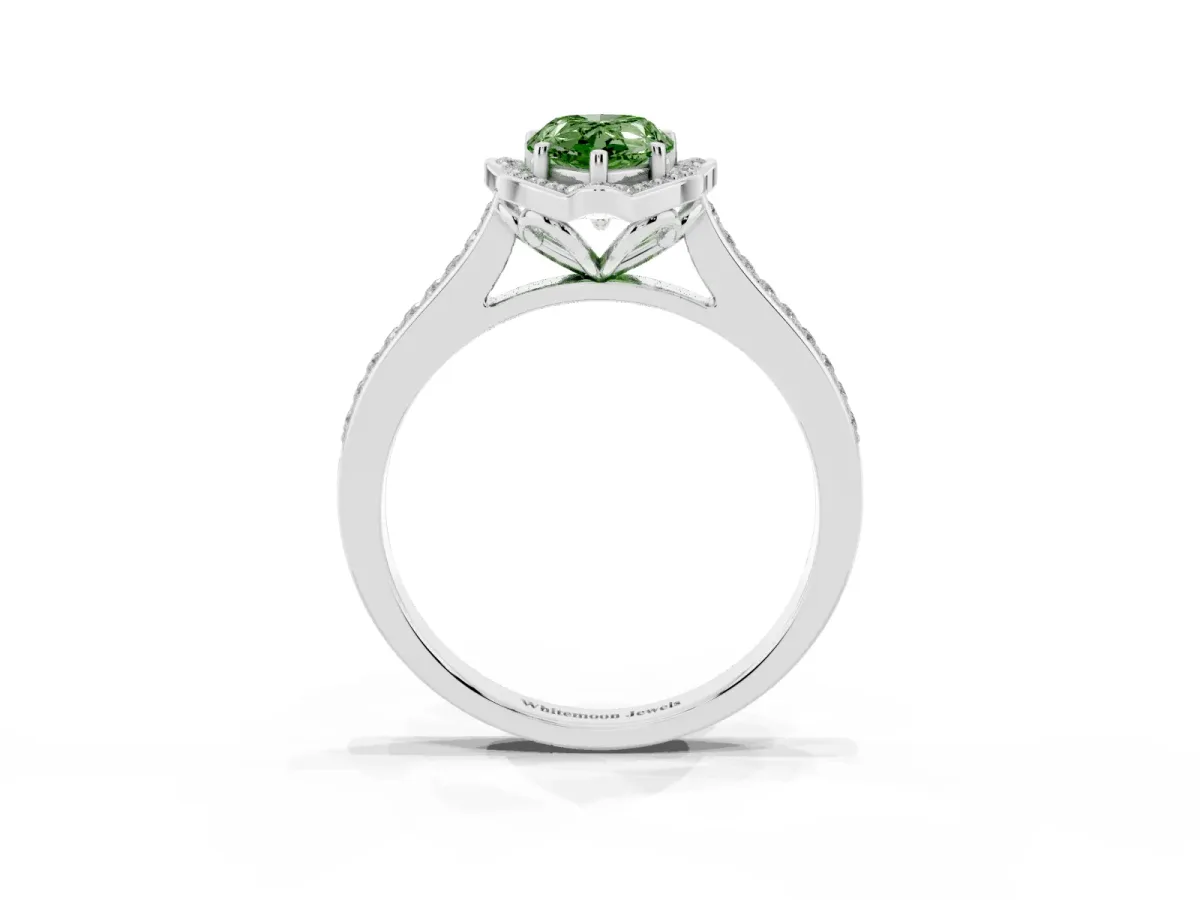 Fancy Green Pear Cut Halo Round Diamond Pave Band with Four-Prong Setting Silver