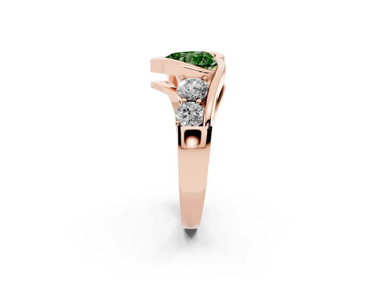 Fancy Green Bezel Set Heart Cut Diamond Bypass Ring with Round Accents Rose gold