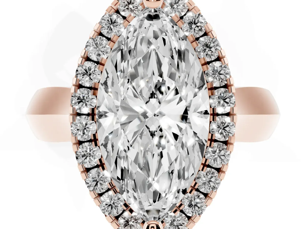 Marquise Cut Cut Halo Solitaire Engagement Ring with Square Band and Four-Prong Setting Rose gold