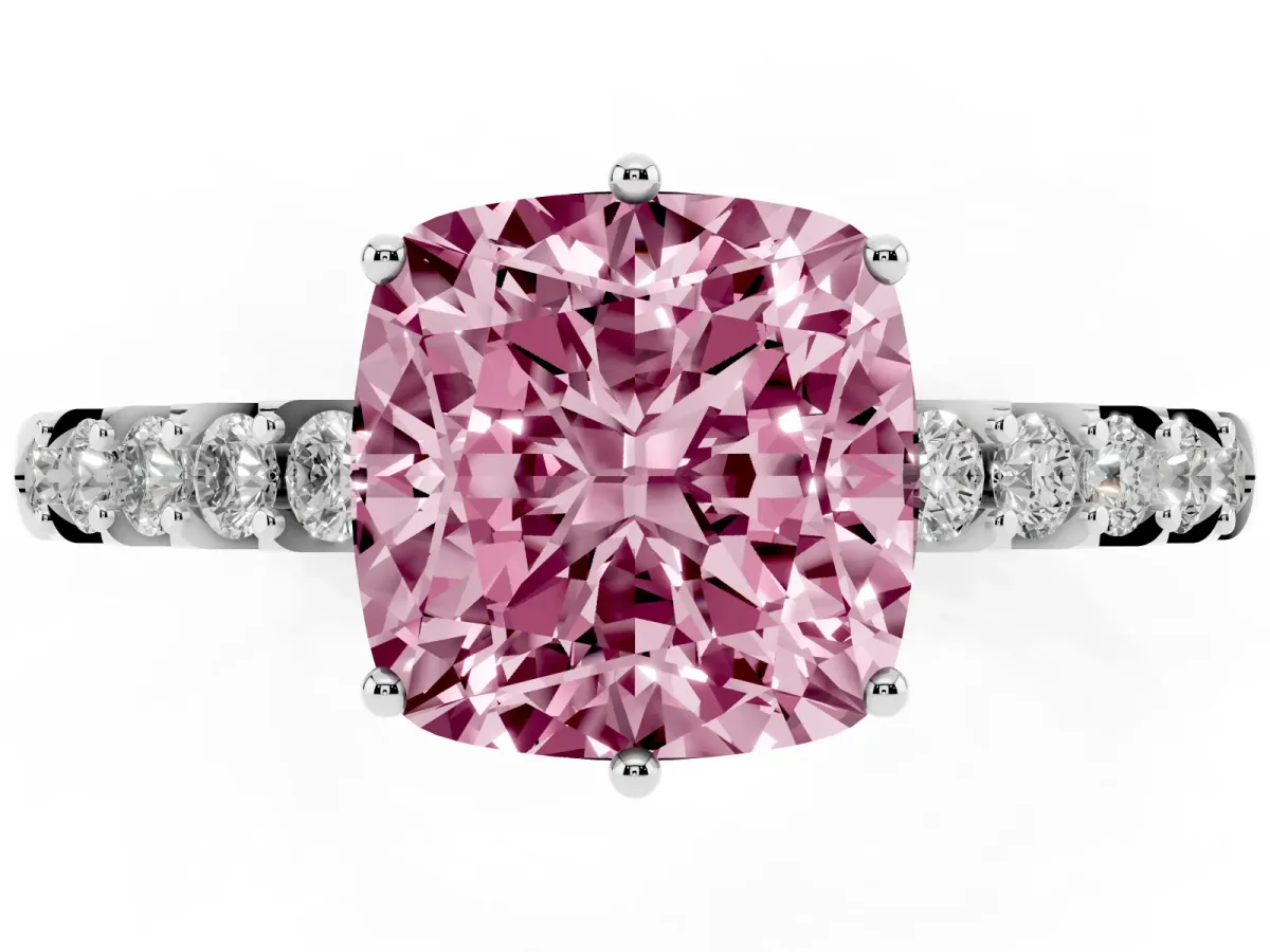 Fancy Pink Cushion Cut Solitaire Diamond Engagement Ring with Pavé Band and Six-Prong Setting White gold