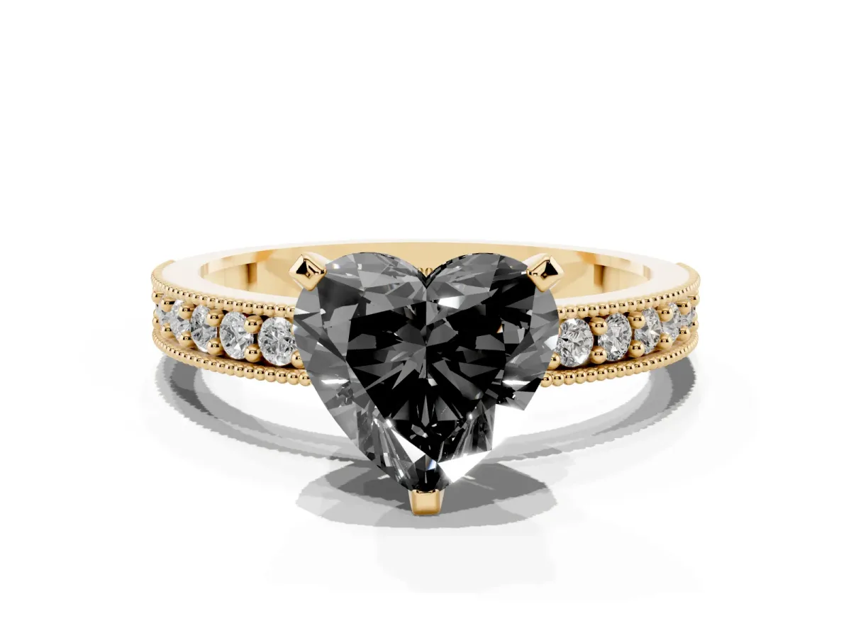 Fancy Black Heart Cut Diamond Milgrain Pavé Engagement Ring with Four-Prong Setting Yellow gold