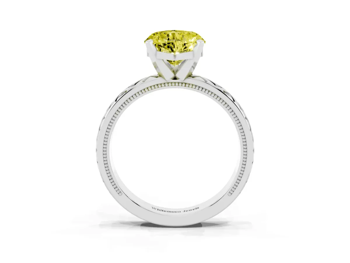 Fancy Yellow Heart Cut Solitaire Diamond Ring with Milgrain and Black Enamel X Pattern Band Silver