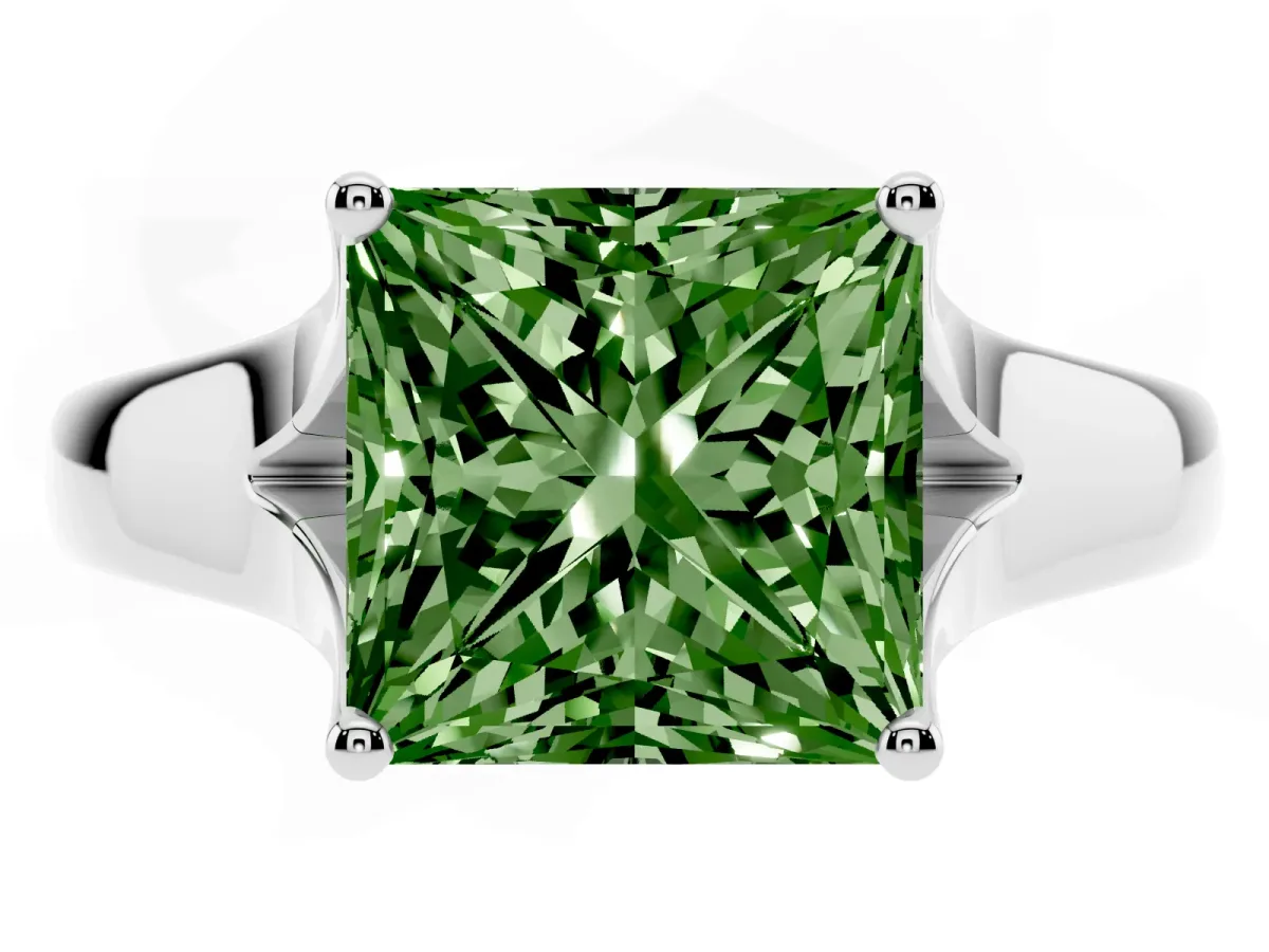 Fancy Green Princess Cut Solitaire Diamond Ring with Cathedral Band and Four-Prong Setting Silver