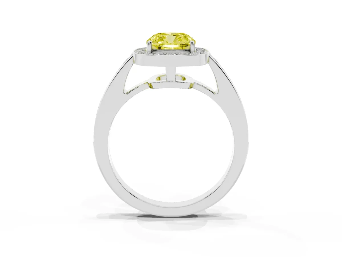 Fancy Yellow Cushion Cut Halo Pavé Diamond Engagement Ring with Bezel Setting Silver