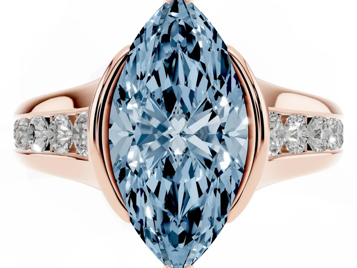 Fancy Blue Marquise Cut Solitaire Bezel-Set Diamond Ring with Channel-Set Band Rose gold