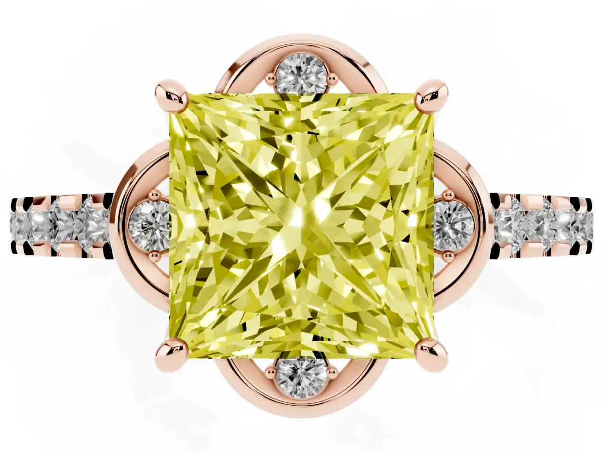 Fancy Yellow Princess Cut Diamond Ring with Pavé Band and Floral Prong Setting Rose gold