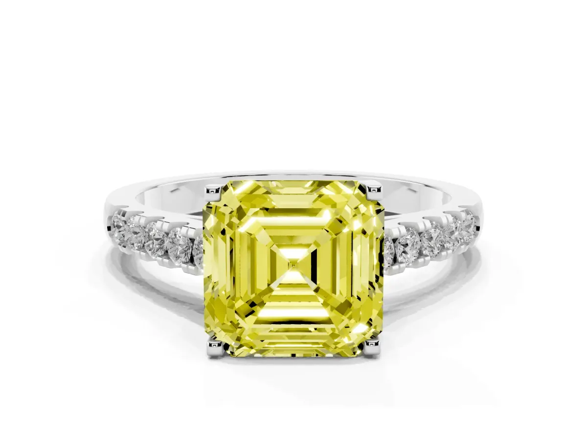 Fancy Yellow Asscher Cut Diamond Pavé Band Solitaire Ring with Prong Setting Platinum