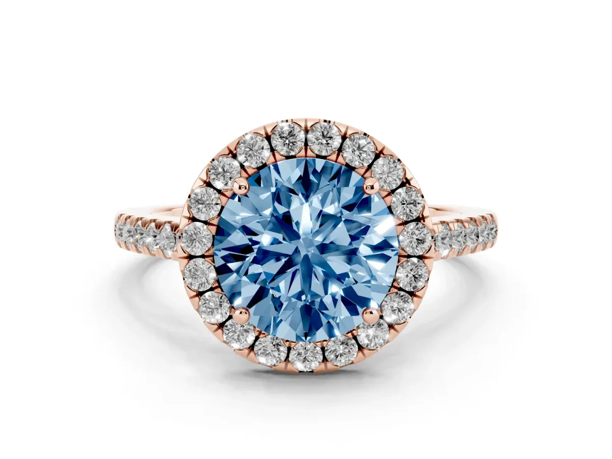 Fancy Blue Round Cut Halo Pave Diamond Engagement Ring with Four-Prong Setting Rose gold