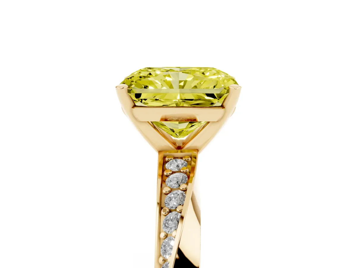 Fancy Yellow Radiant Cut Diamond Engagement Ring with Side Stone Accents and Four-Prong Setting Yellow gold