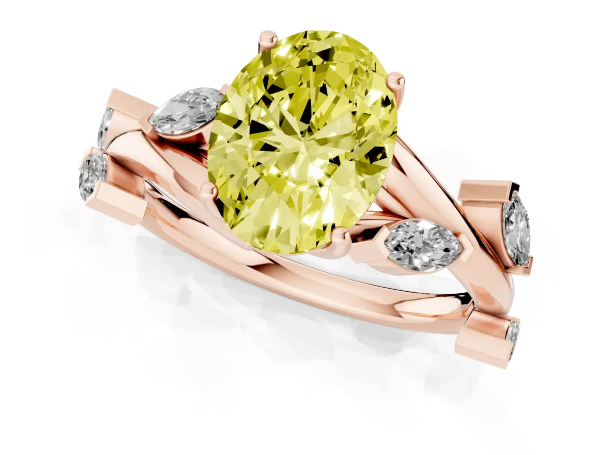 Fancy Yellow Oval Cut Solitaire Twisted Band Marquise Accent Prong Setting Ring Rose gold