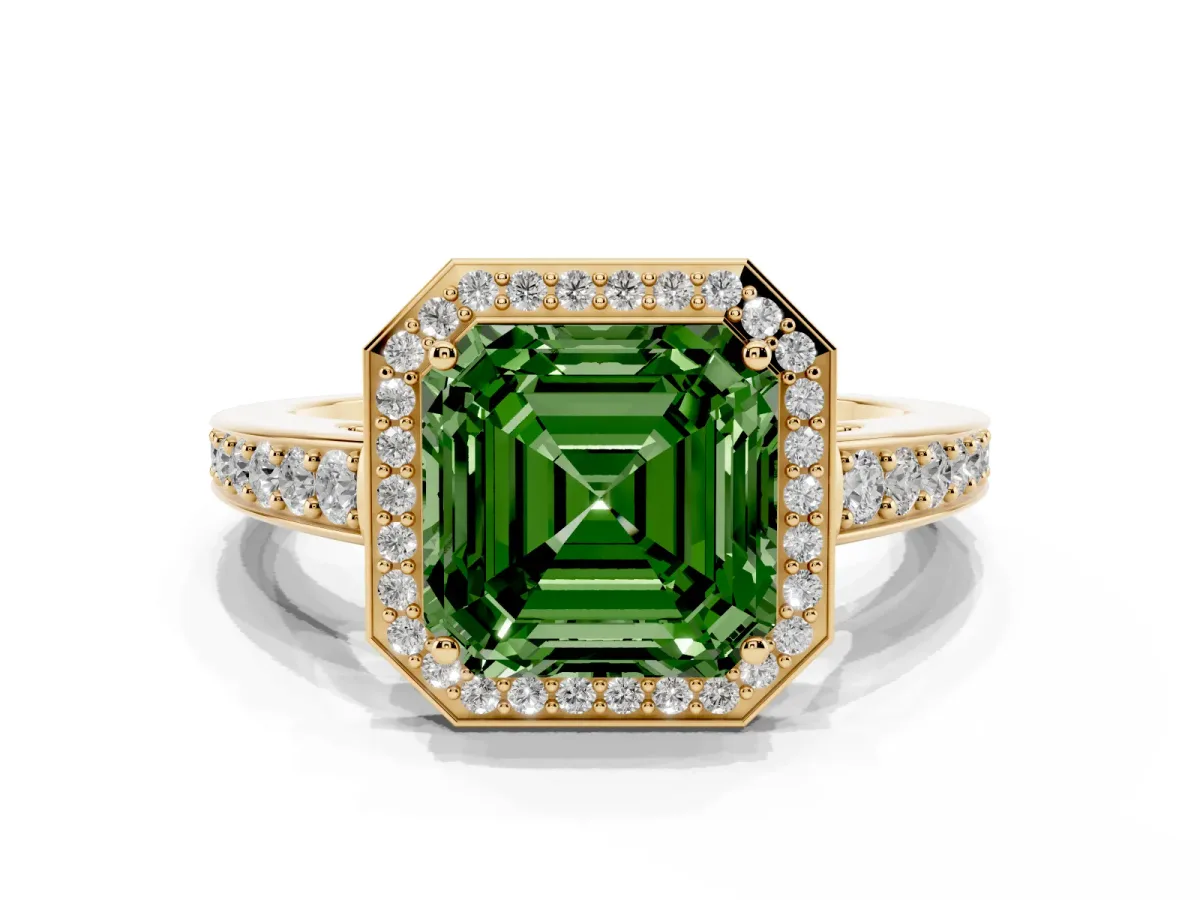 Fancy Green Asscher Cut Halo Pavé Diamond Engagement Ring with Bezel Setting Yellow gold