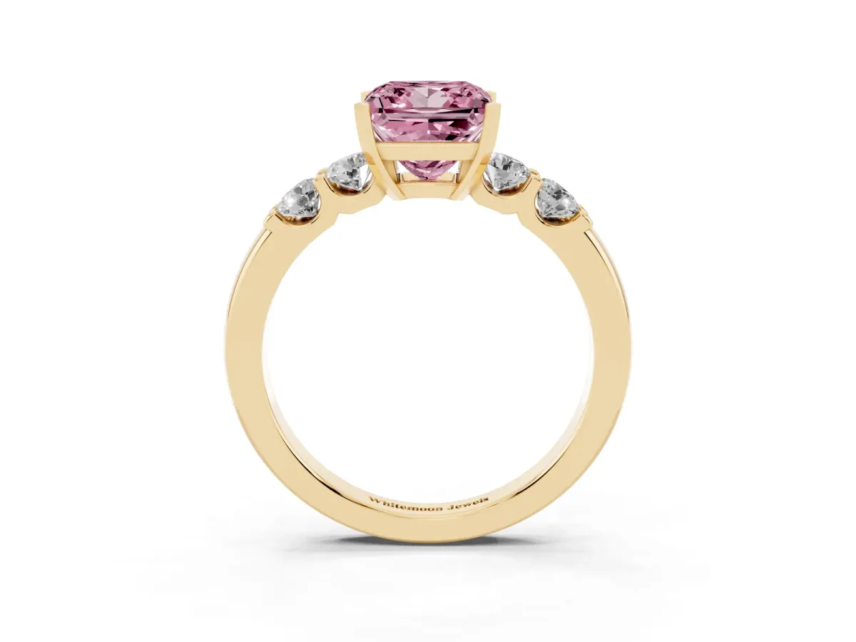 Fancy Pink Princess Cut Brilliant Cut Diamond Five-Stone Prong Set Engagement Ring with Channel Band Yellow gold