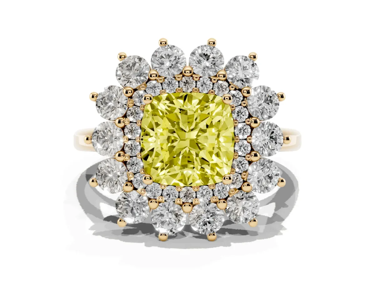 Fancy Yellow Cushion Cut Diamond Floral Double Halo Engagement Ring with Prong Setting Yellow gold
